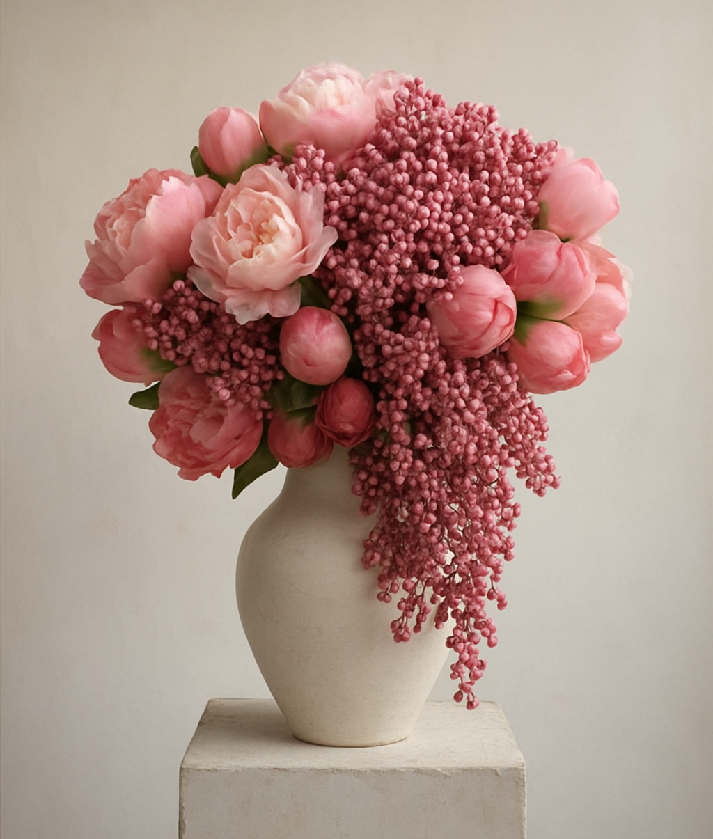 Blumen sagen mehr als tausend Worte Einladender Blumenstraß in dezenten Rosatönen in beiger Vase.