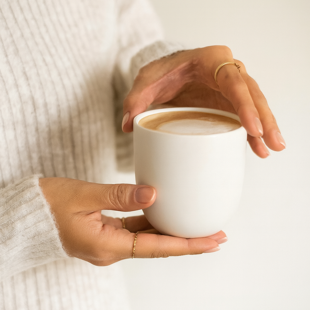 Hausbesuch Kaffeetasse in der Hand einer gepflegten Dame, sinnbildlich für den Hausbesuch.